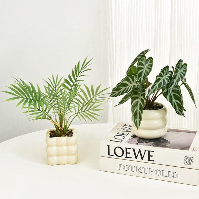 Modern Ceramic Desktop Planter, White Geometric Design