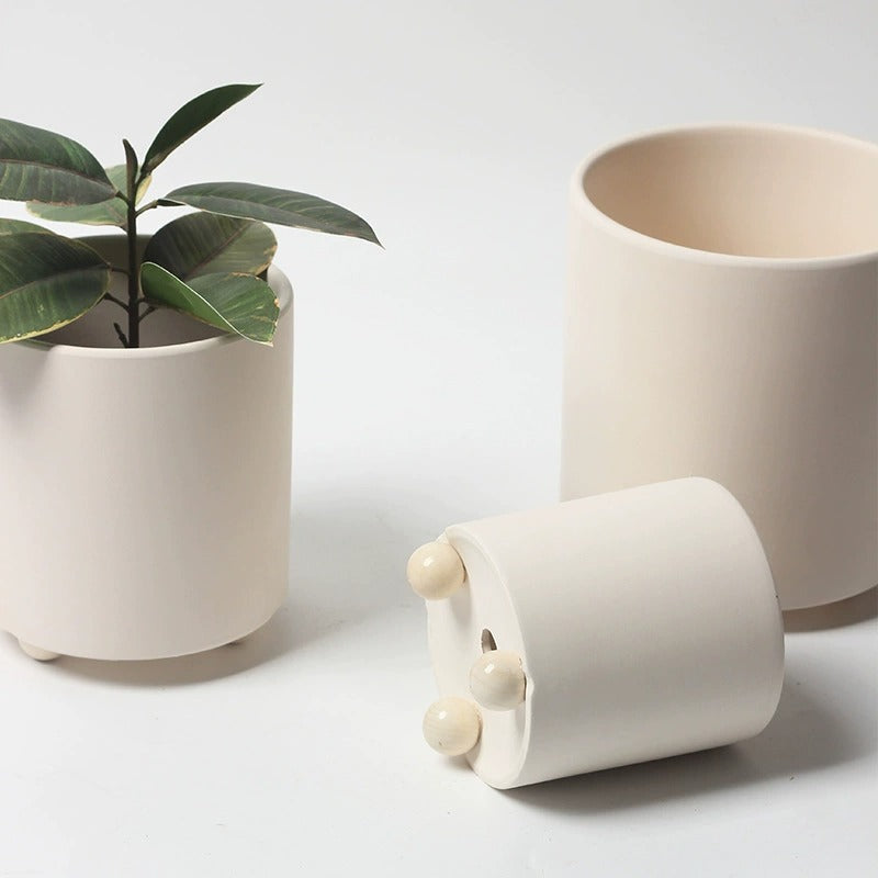 Nordic Unglazed Ceramic Planter with Wooden Legs