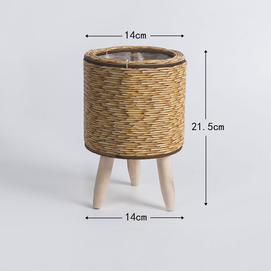 Handwoven Cylindrical Plastic Floor Planter, Rustic Garden Style