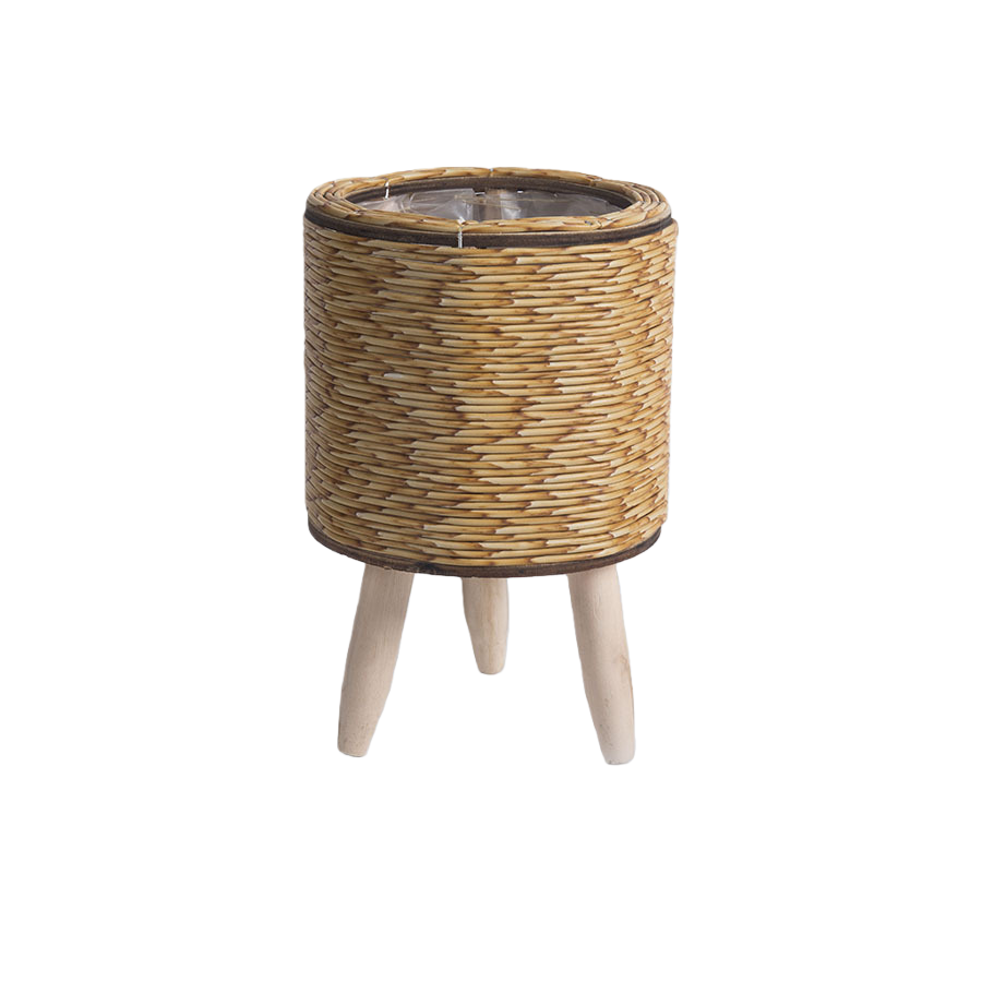 Handwoven Cylindrical Plastic Floor Planter, Rustic Garden Style