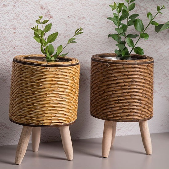 Handwoven Cylindrical Plastic Floor Planter, Rustic Garden Style